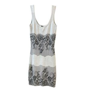 Guess silver shimmer tank dress, body con, black overlay lace design. Sz S, EU36